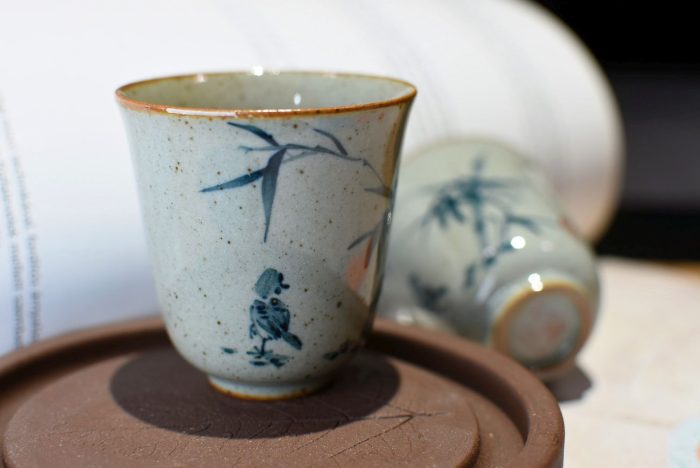 Bamboo and Bird Teacup - Stone Clay | Underglazed Blue Style 50 ml. - Image 7