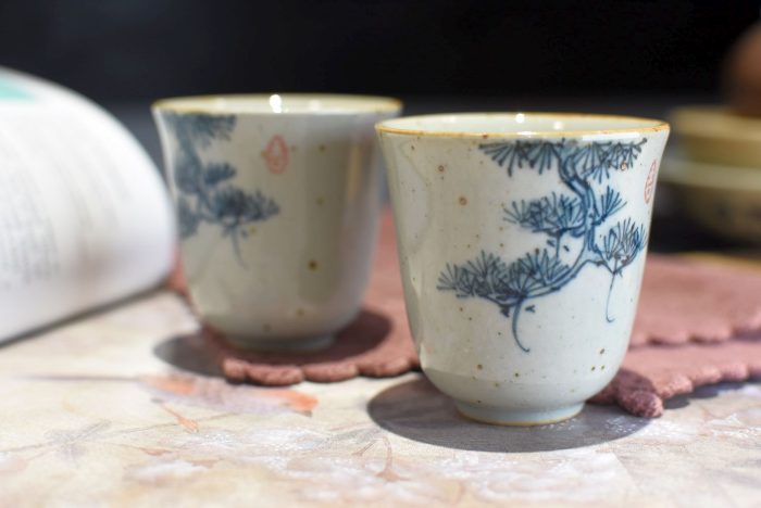 Pine Tree Teacup - Stone Clay | Underglazed Blue Style 50 ml.