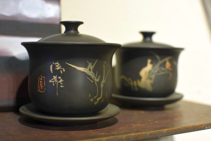 Bamboo - Jianshui Gaiwan |  Black Clay with Traditional Inlay Technique 130 ml.