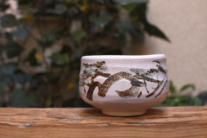 Sakura Tree Chawan | Shino-glazed Mino-yaki Matcha Bowl | Half Cylinder Shape